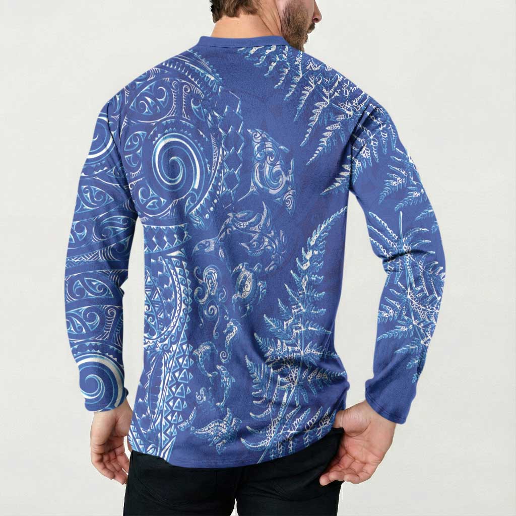 New Zealand Sea Animals Button Sweatshirt with Maori Koru Tribal Tattoo and Silver Ferns Aquatic Style
