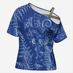 New Zealand Sea Animals Cross Shoulder Shirt with Maori Koru Tribal Tattoo and Silver Ferns Aquatic Style