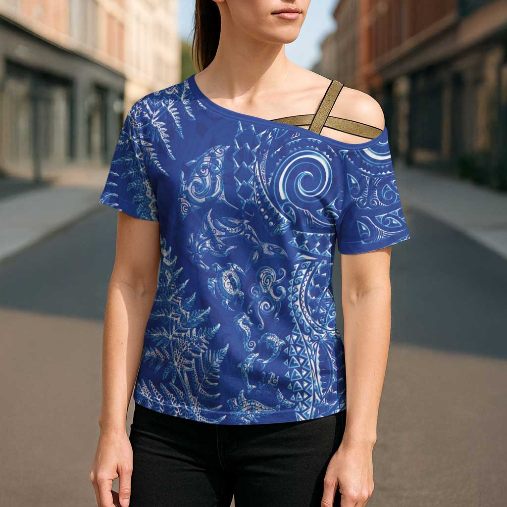 New Zealand Sea Animals Cross Shoulder Shirt with Maori Koru Tribal Tattoo and Silver Ferns Aquatic Style