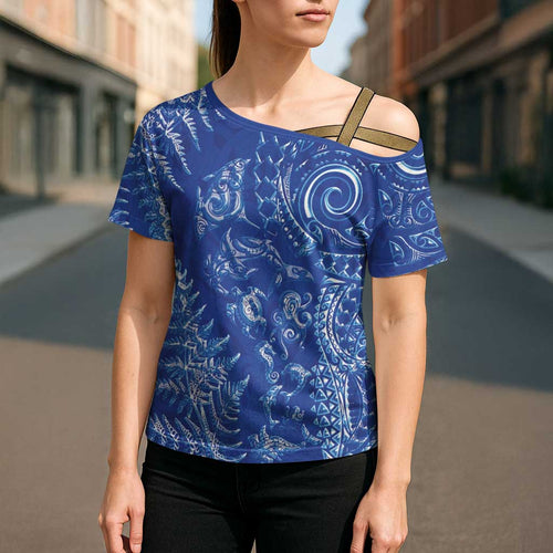 New Zealand Sea Animals Cross Shoulder Shirt with Maori Koru Tribal Tattoo and Silver Ferns Aquatic Style