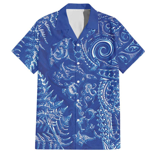 New Zealand Sea Animals Hawaiian Shirt with Maori Koru Tribal Tattoo and Silver Ferns Aquatic Style
