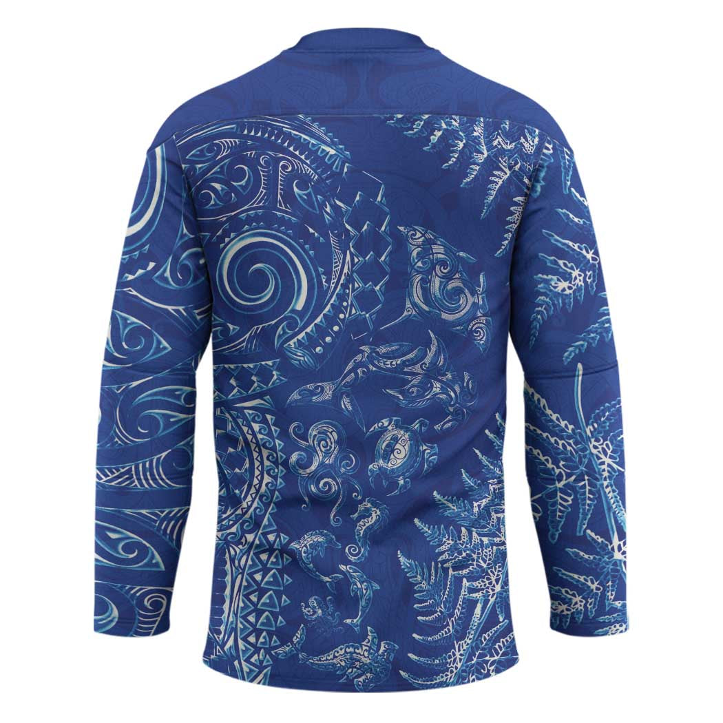 New Zealand Sea Animals Hockey Jersey with Maori Koru Tribal Tattoo and Silver Ferns Aquatic Style
