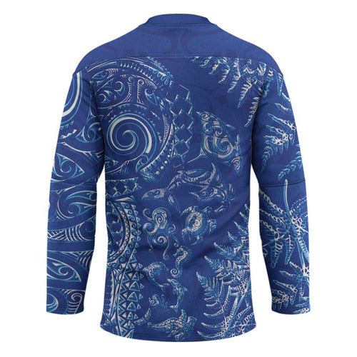 New Zealand Sea Animals Hockey Jersey with Maori Koru Tribal Tattoo and Silver Ferns Aquatic Style