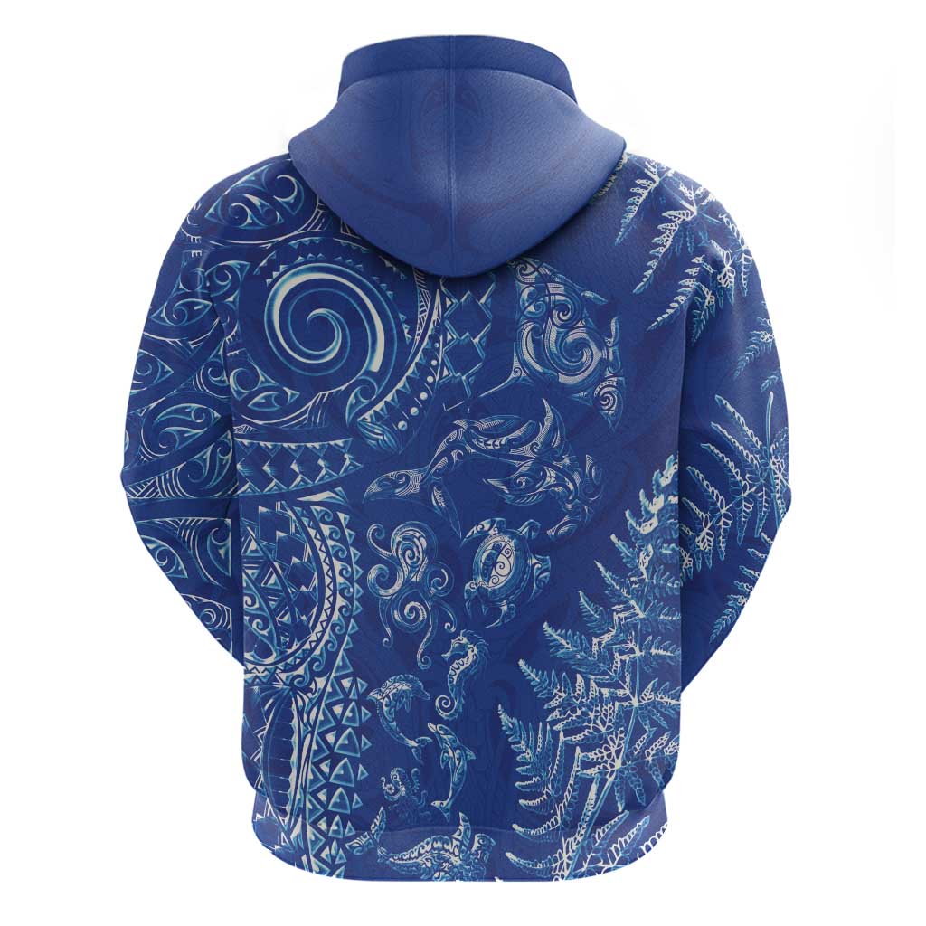 New Zealand Sea Animals Hoodie with Maori Koru Tribal Tattoo and Silver Ferns Aquatic Style