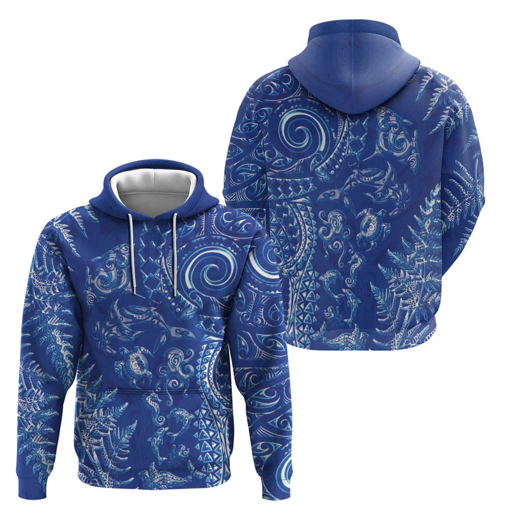 New Zealand Sea Animals Hoodie with Maori Koru Tribal Tattoo and Silver Ferns Aquatic Style