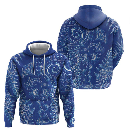 New Zealand Sea Animals Hoodie with Maori Koru Tribal Tattoo and Silver Ferns Aquatic Style
