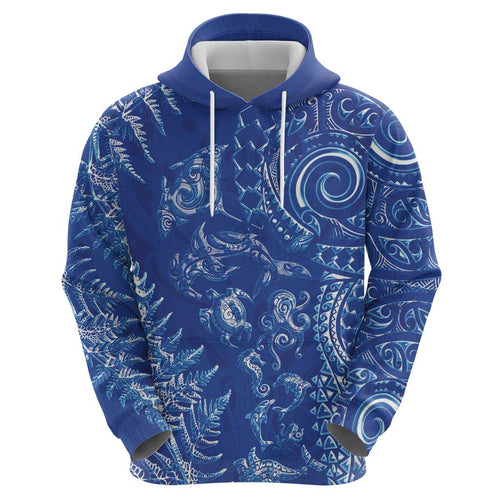 New Zealand Sea Animals Hoodie with Maori Koru Tribal Tattoo and Silver Ferns Aquatic Style