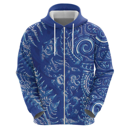 New Zealand Sea Animals Hoodie with Maori Koru Tribal Tattoo and Silver Ferns Aquatic Style