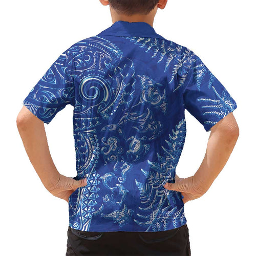 New Zealand Sea Animals Kid Hawaiian Shirt with Maori Koru Tribal Tattoo and Silver Ferns Aquatic Style