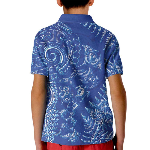 New Zealand Sea Animals Kid Polo Shirt with Maori Koru Tribal Tattoo and Silver Ferns Aquatic Style