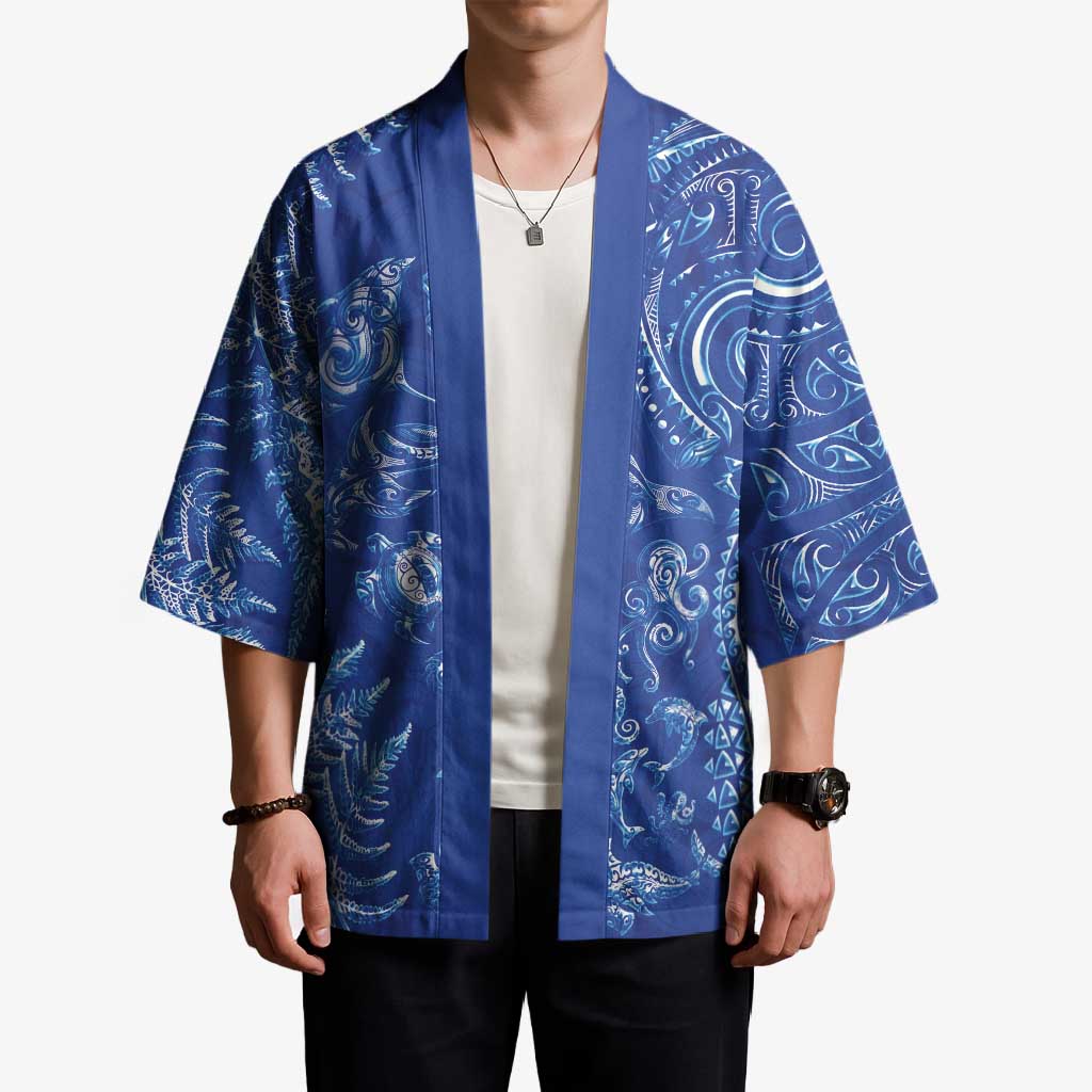 New Zealand Sea Animals Kimono with Maori Koru Tribal Tattoo and Silver Ferns Aquatic Style