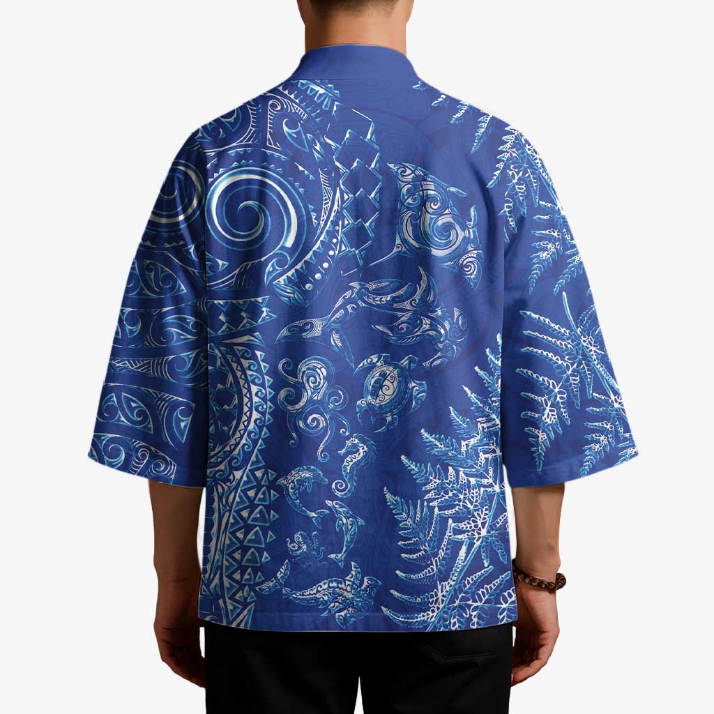 New Zealand Sea Animals Kimono with Maori Koru Tribal Tattoo and Silver Ferns Aquatic Style