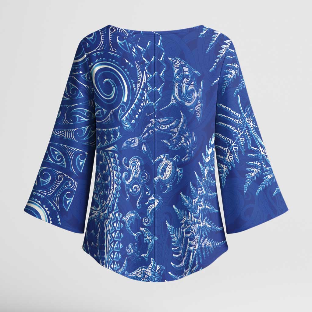 New Zealand Sea Animals Kimono Sleeve Blouse with Maori Koru Tribal Tattoo and Silver Ferns Aquatic Style