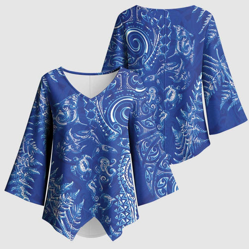 New Zealand Sea Animals Kimono Sleeve Blouse with Maori Koru Tribal Tattoo and Silver Ferns Aquatic Style