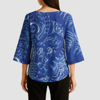 New Zealand Sea Animals Kimono Sleeve Blouse with Maori Koru Tribal Tattoo and Silver Ferns Aquatic Style