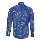 New Zealand Sea Animals Long Sleeve Button Shirt with Maori Koru Tribal Tattoo and Silver Ferns Aquatic Style