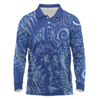 New Zealand Sea Animals Long Sleeve Polo Shirt with Maori Koru Tribal Tattoo and Silver Ferns Aquatic Style