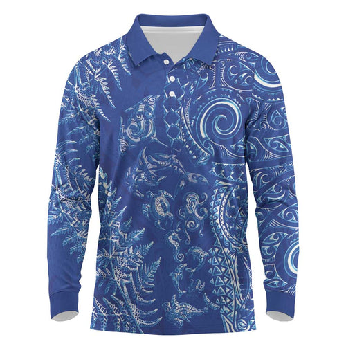 New Zealand Sea Animals Long Sleeve Polo Shirt with Maori Koru Tribal Tattoo and Silver Ferns Aquatic Style