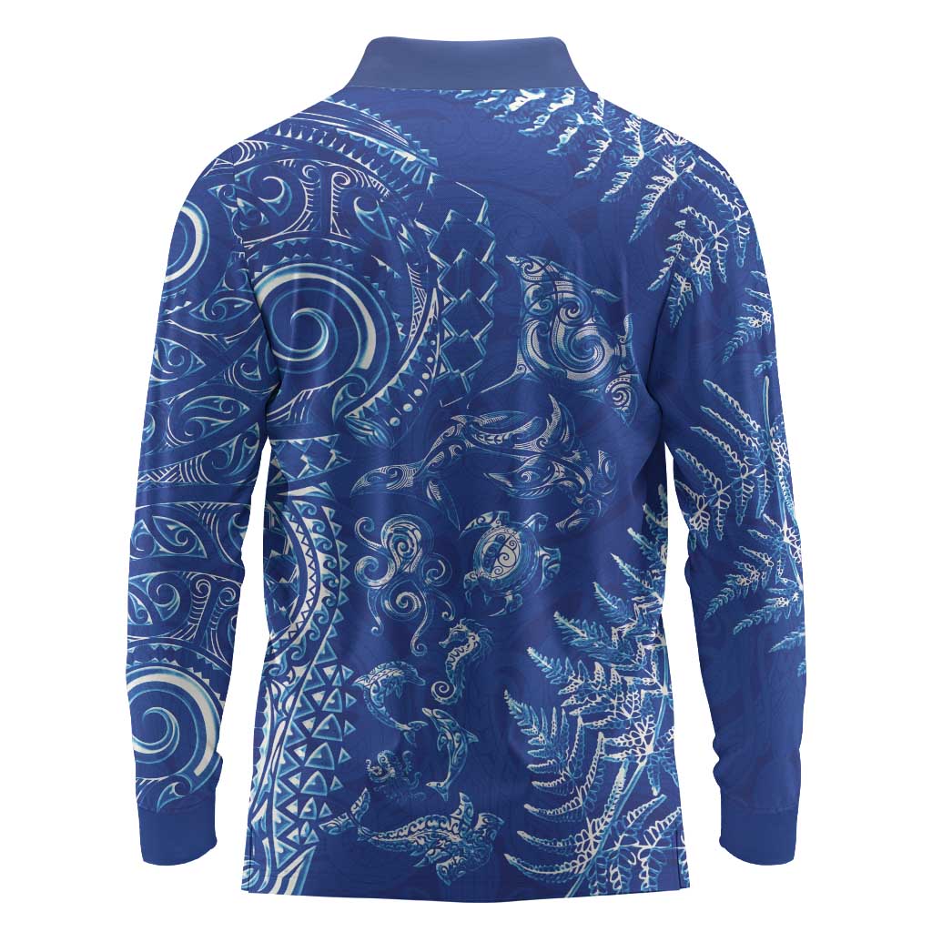 New Zealand Sea Animals Long Sleeve Polo Shirt with Maori Koru Tribal Tattoo and Silver Ferns Aquatic Style