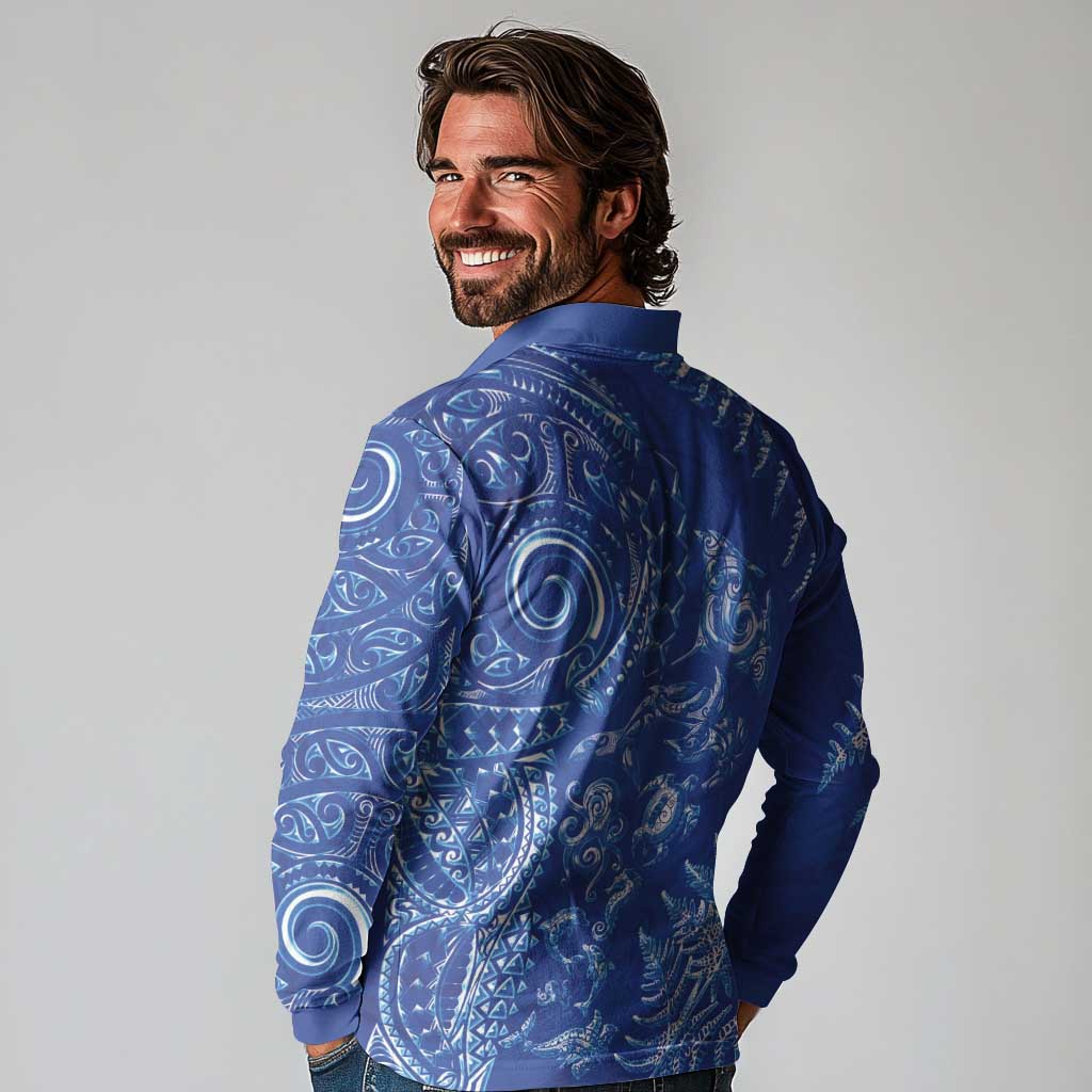 New Zealand Sea Animals Long Sleeve Polo Shirt with Maori Koru Tribal Tattoo and Silver Ferns Aquatic Style