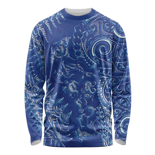 New Zealand Sea Animals Long Sleeve Shirt with Maori Koru Tribal Tattoo and Silver Ferns Aquatic Style