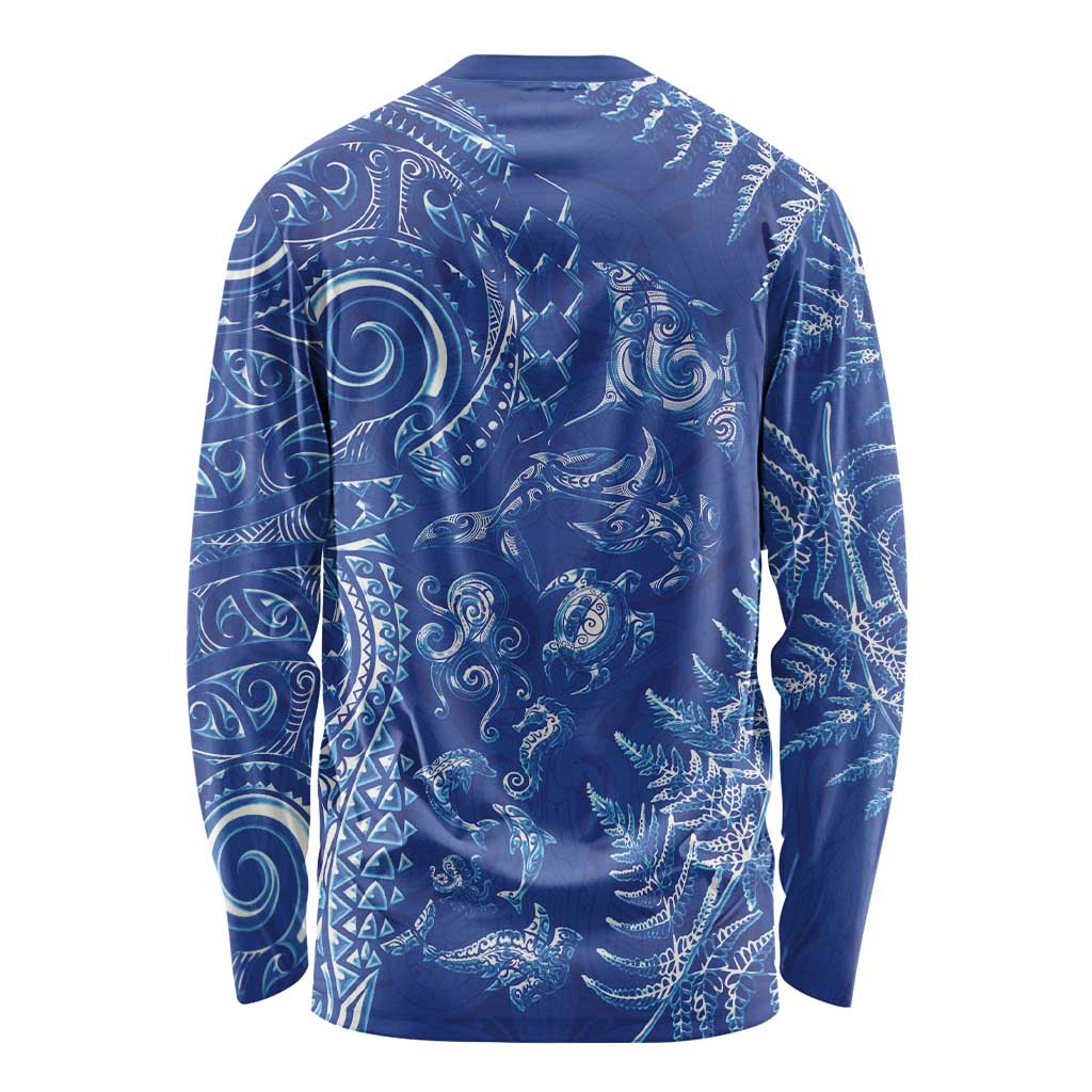 New Zealand Sea Animals Long Sleeve Shirt with Maori Koru Tribal Tattoo and Silver Ferns Aquatic Style