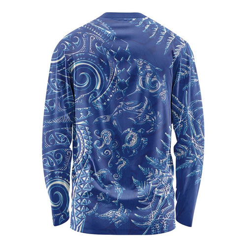 New Zealand Sea Animals Long Sleeve Shirt with Maori Koru Tribal Tattoo and Silver Ferns Aquatic Style