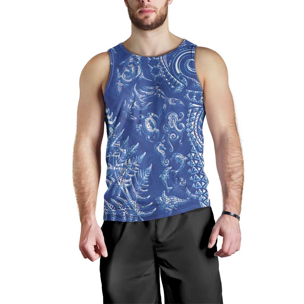 New Zealand Sea Animals Men Tank Top with Maori Koru Tribal Tattoo and Silver Ferns Aquatic Style