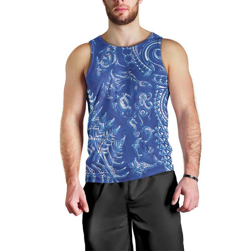 New Zealand Sea Animals Men Tank Top with Maori Koru Tribal Tattoo and Silver Ferns Aquatic Style