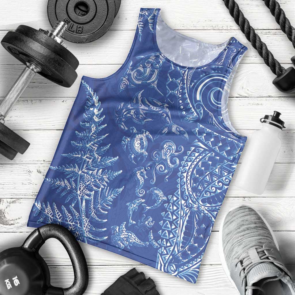 New Zealand Sea Animals Men Tank Top with Maori Koru Tribal Tattoo and Silver Ferns Aquatic Style