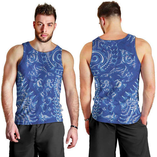 New Zealand Sea Animals Men Tank Top with Maori Koru Tribal Tattoo and Silver Ferns Aquatic Style