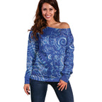 New Zealand Sea Animals Off Shoulder Sweater with Maori Koru Tribal Tattoo and Silver Ferns Aquatic Style