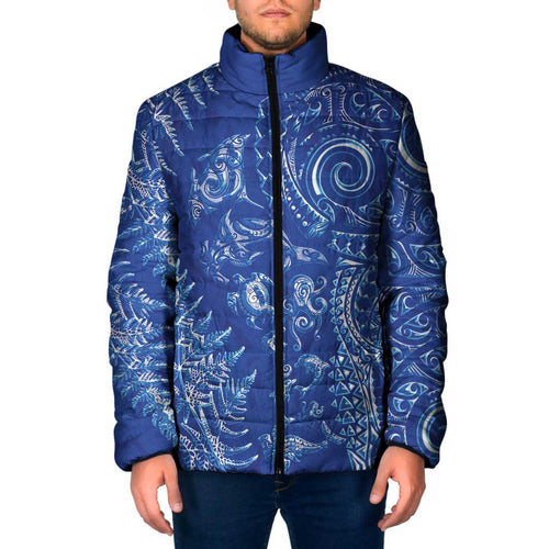 New Zealand Sea Animals Padded Jacket with Maori Koru Tribal Tattoo and Silver Ferns Aquatic Style