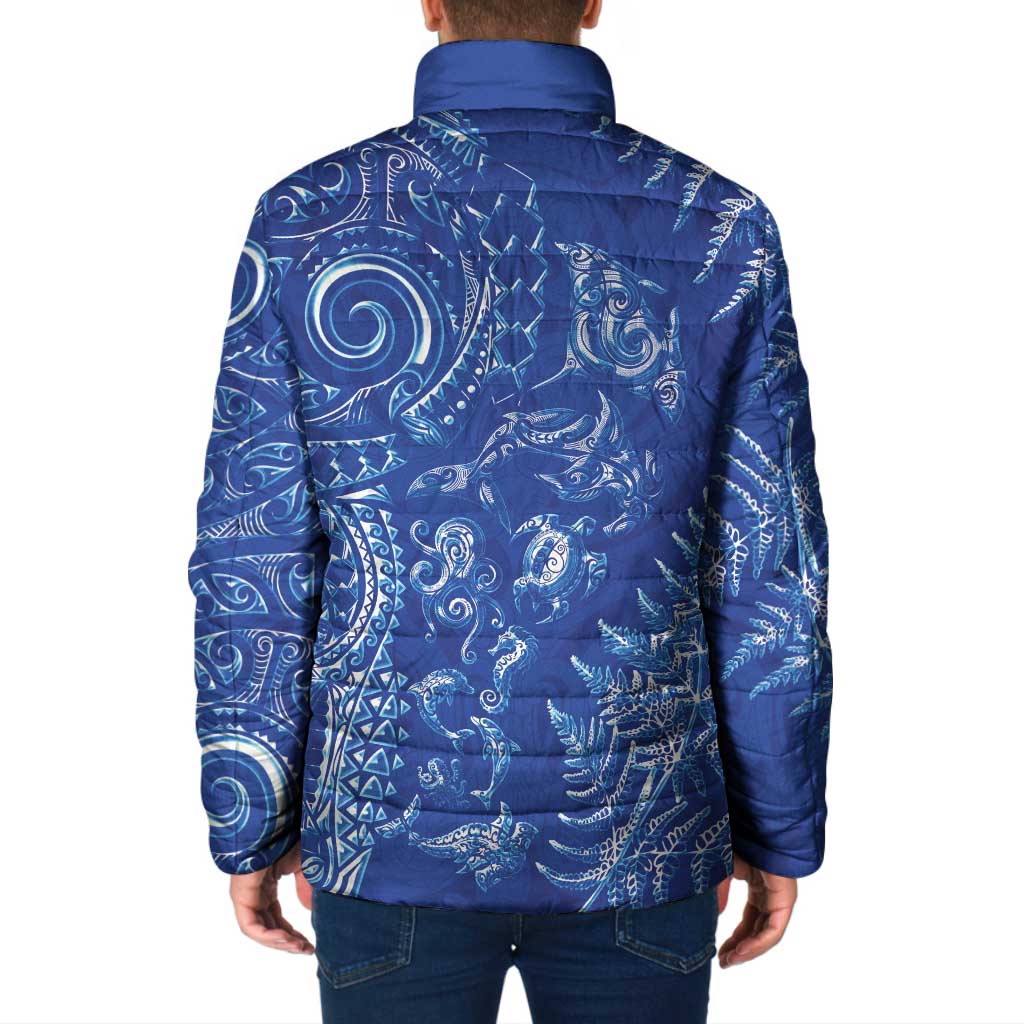 New Zealand Sea Animals Padded Jacket with Maori Koru Tribal Tattoo and Silver Ferns Aquatic Style