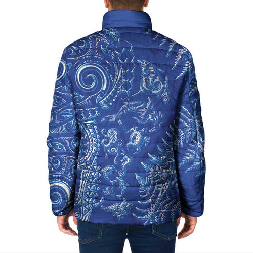 New Zealand Sea Animals Padded Jacket with Maori Koru Tribal Tattoo and Silver Ferns Aquatic Style
