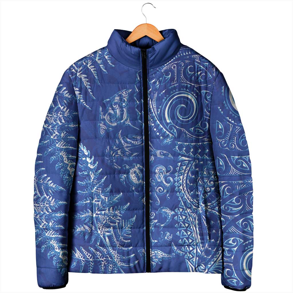 New Zealand Sea Animals Padded Jacket with Maori Koru Tribal Tattoo and Silver Ferns Aquatic Style