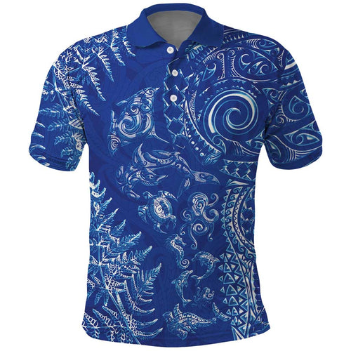 New Zealand Sea Animals Polo Shirt with Maori Koru Tribal Tattoo and Silver Ferns Aquatic Style
