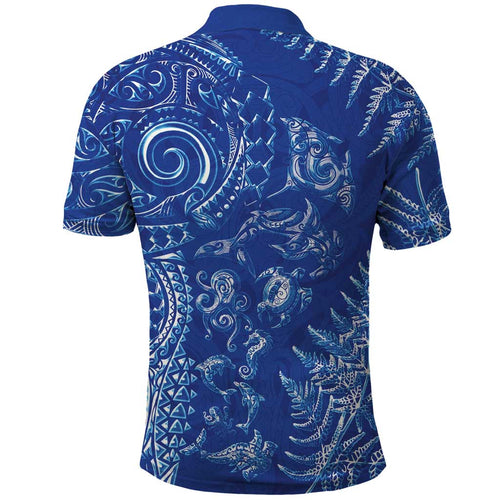 New Zealand Sea Animals Polo Shirt with Maori Koru Tribal Tattoo and Silver Ferns Aquatic Style