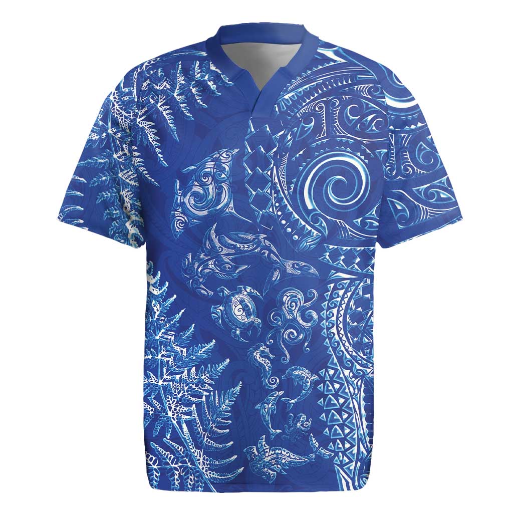 New Zealand Sea Animals Rugby Jersey with Maori Koru Tribal Tattoo and Silver Ferns Aquatic Style