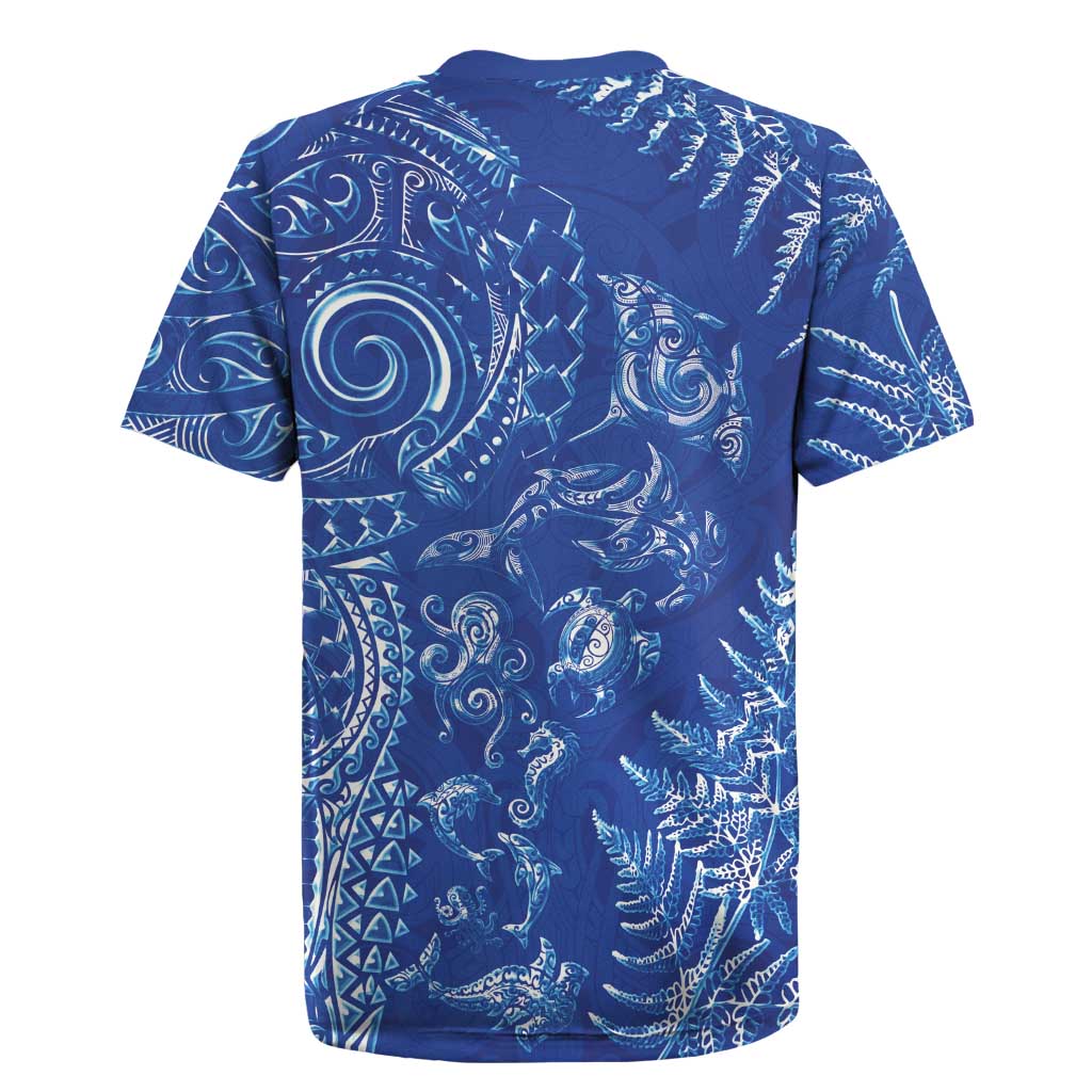 New Zealand Sea Animals Rugby Jersey with Maori Koru Tribal Tattoo and Silver Ferns Aquatic Style