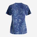 New Zealand Sea Animals Scrub Top with Maori Koru Tribal Tattoo and Silver Ferns Aquatic Style