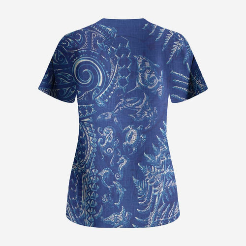 New Zealand Sea Animals Scrub Top with Maori Koru Tribal Tattoo and Silver Ferns Aquatic Style