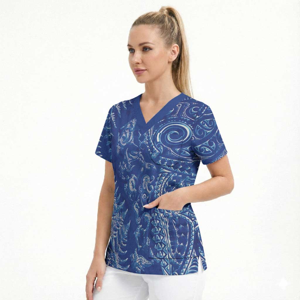 New Zealand Sea Animals Scrub Top with Maori Koru Tribal Tattoo and Silver Ferns Aquatic Style