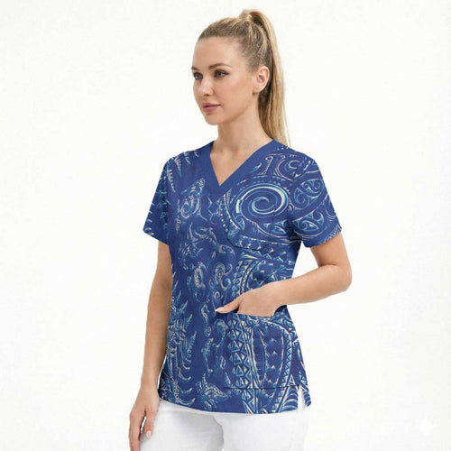 New Zealand Sea Animals Scrub Top with Maori Koru Tribal Tattoo and Silver Ferns Aquatic Style