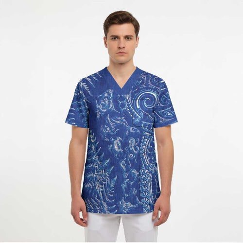New Zealand Sea Animals Scrub Top with Maori Koru Tribal Tattoo and Silver Ferns Aquatic Style