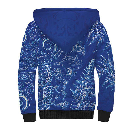 New Zealand Sea Animals Sherpa Hoodie with Maori Koru Tribal Tattoo and Silver Ferns Aquatic Style