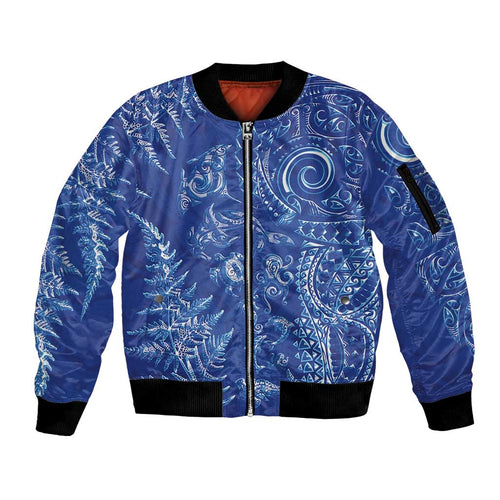 New Zealand Sea Animals Sleeve Zip Bomber Jacket with Maori Koru Tribal Tattoo and Silver Ferns Aquatic Style