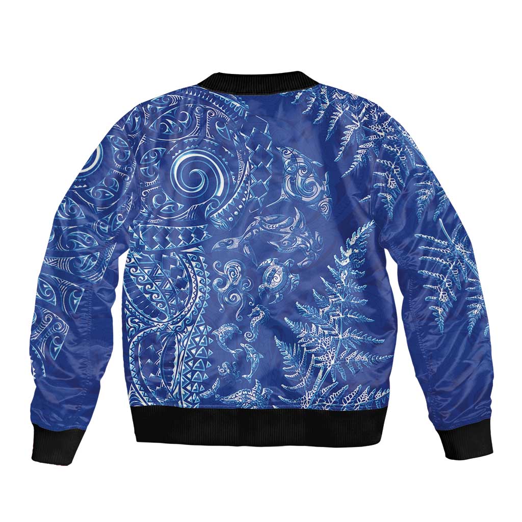 New Zealand Sea Animals Sleeve Zip Bomber Jacket with Maori Koru Tribal Tattoo and Silver Ferns Aquatic Style