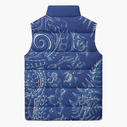 New Zealand Sea Animals Sleeveless Puffer Jacket with Maori Koru Tribal Tattoo and Silver Ferns Aquatic Style