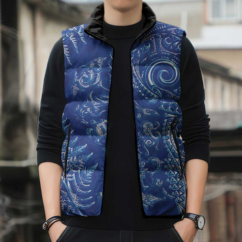 New Zealand Sea Animals Sleeveless Puffer Jacket with Maori Koru Tribal Tattoo and Silver Ferns Aquatic Style